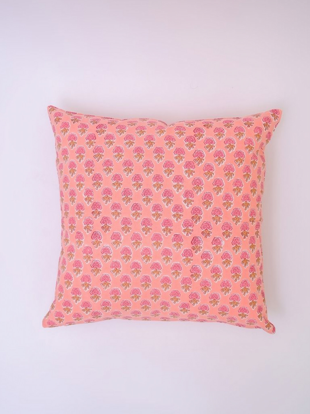 Block N Style Peach And Pink Floral Printed Cotton Square Cushion Cover