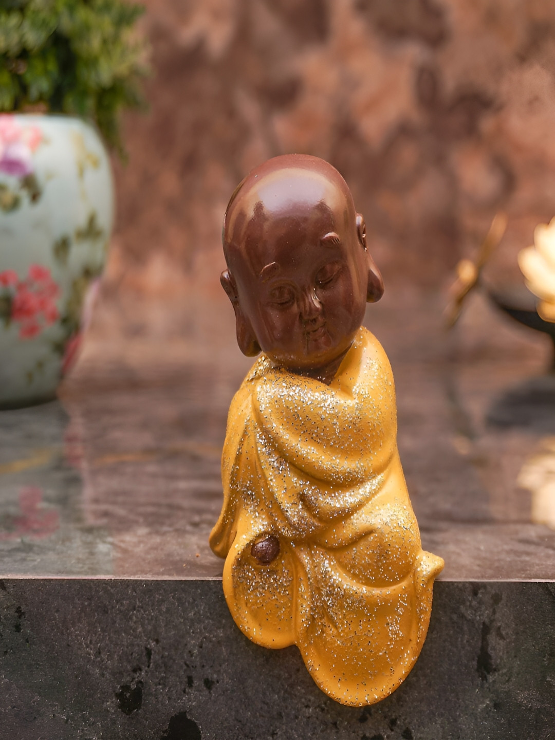 Craftlayout Cute Meditating Sitting Monk Yellow Polyresin Glossy Living Room Medium Showpiece - 4 Inches