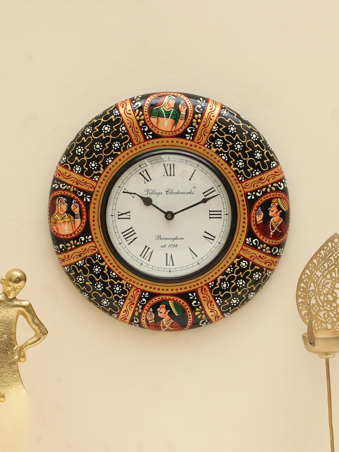 vedas C-Srinika White & Black Printed Round Shaped Wooden Polished Wall Clock