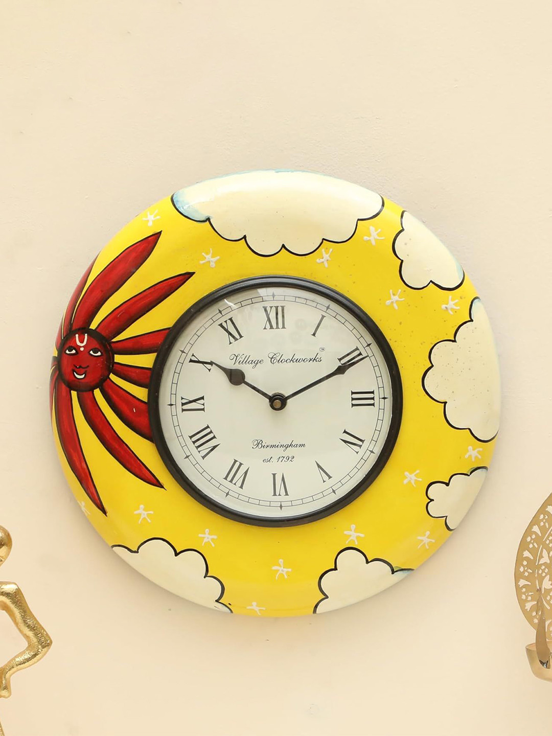 vedas Yellow Wood Hand-Painted Round Battery Analogue Wall Clock-30.5cm