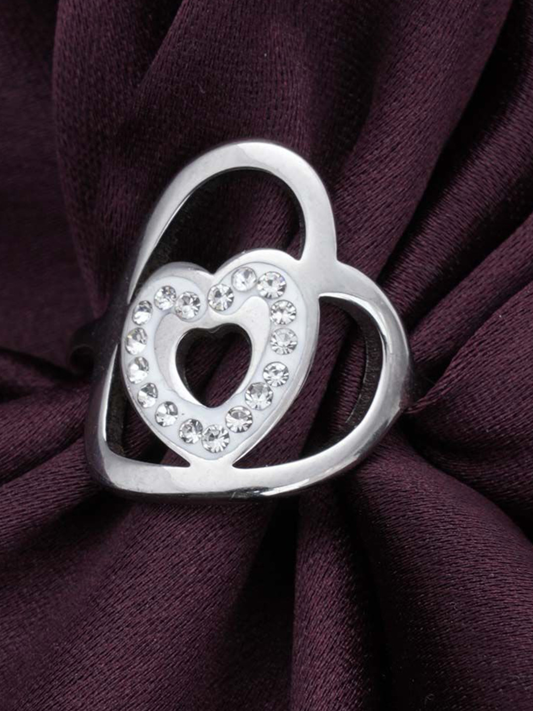 PALMONAS Silver-Plated Stainless Steel CZ Waterproof & Anti-Tarnish Double Heart Ring