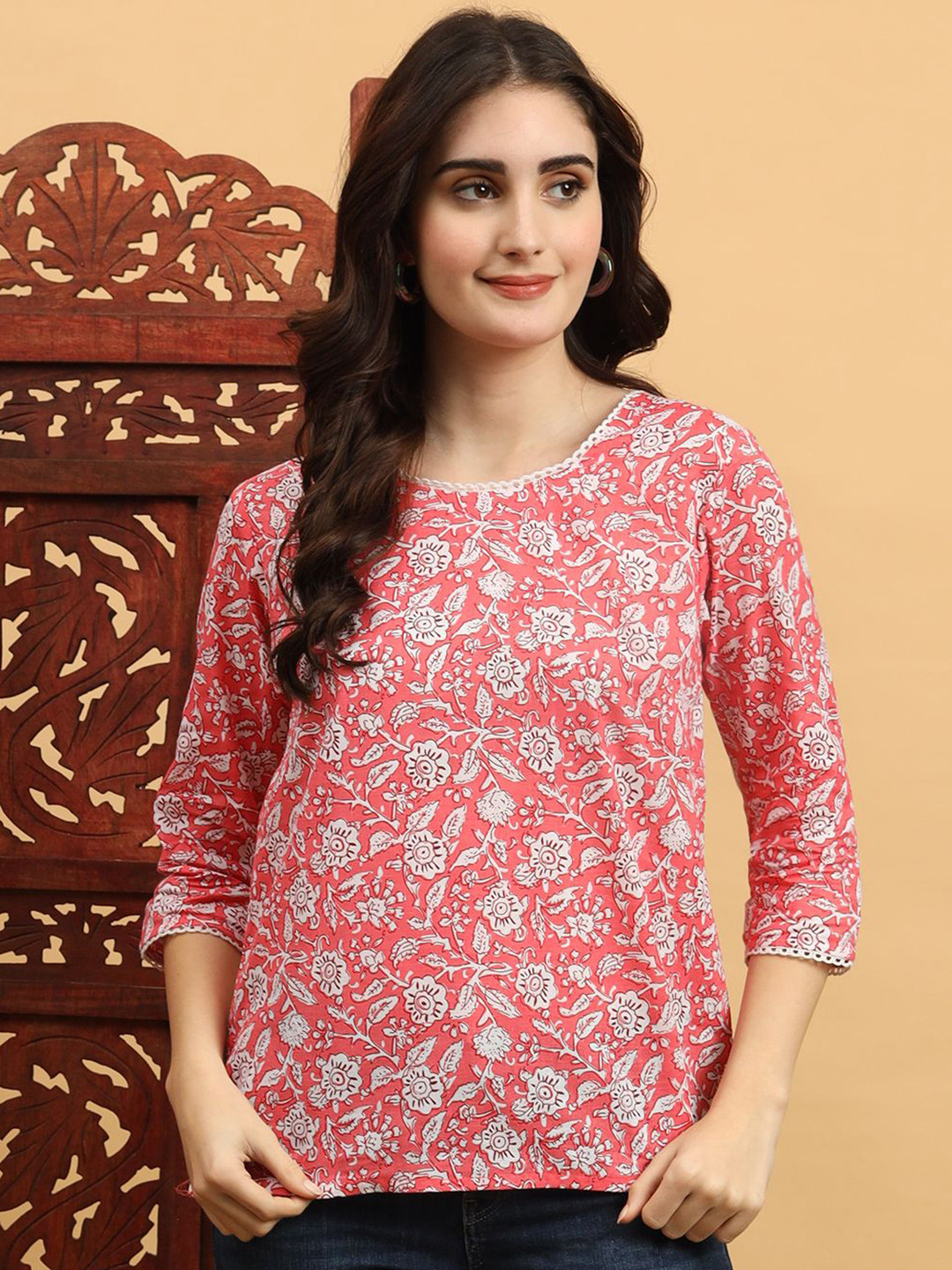Anouk Rustic Women Floral Printed Gotta Patti Pure Cotton Gotta Patti Short Kurti