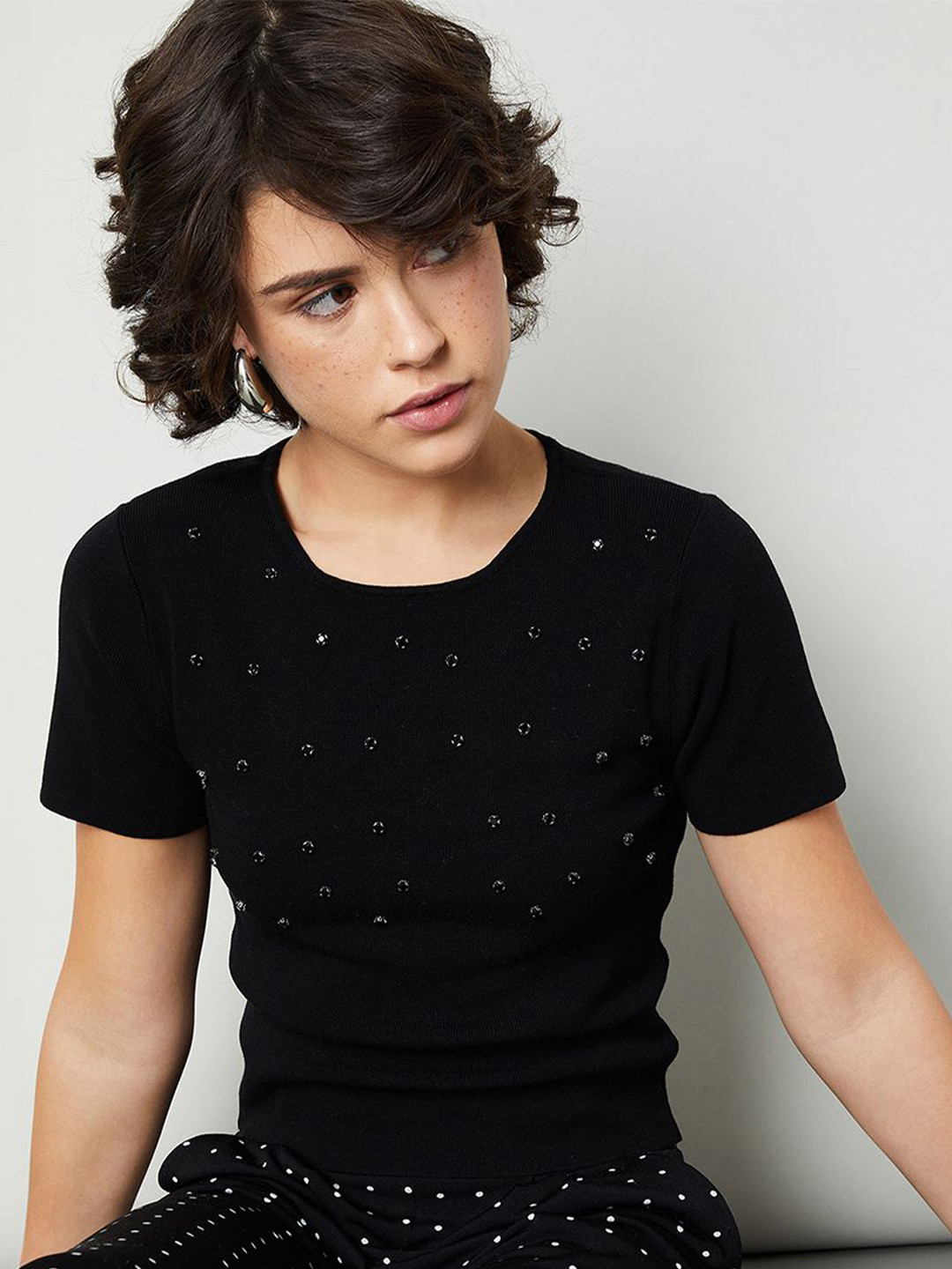 max Ribbed Studded Round Neck Top