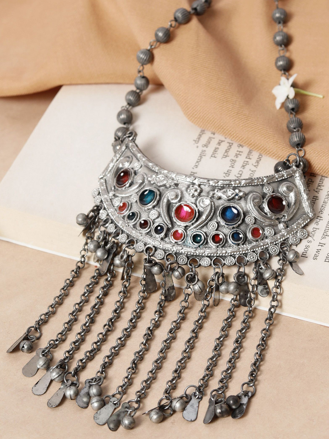 Saagah German Silver Artificial Beaded Kuchi Afghani Enamel Work Tribal Statement Necklace