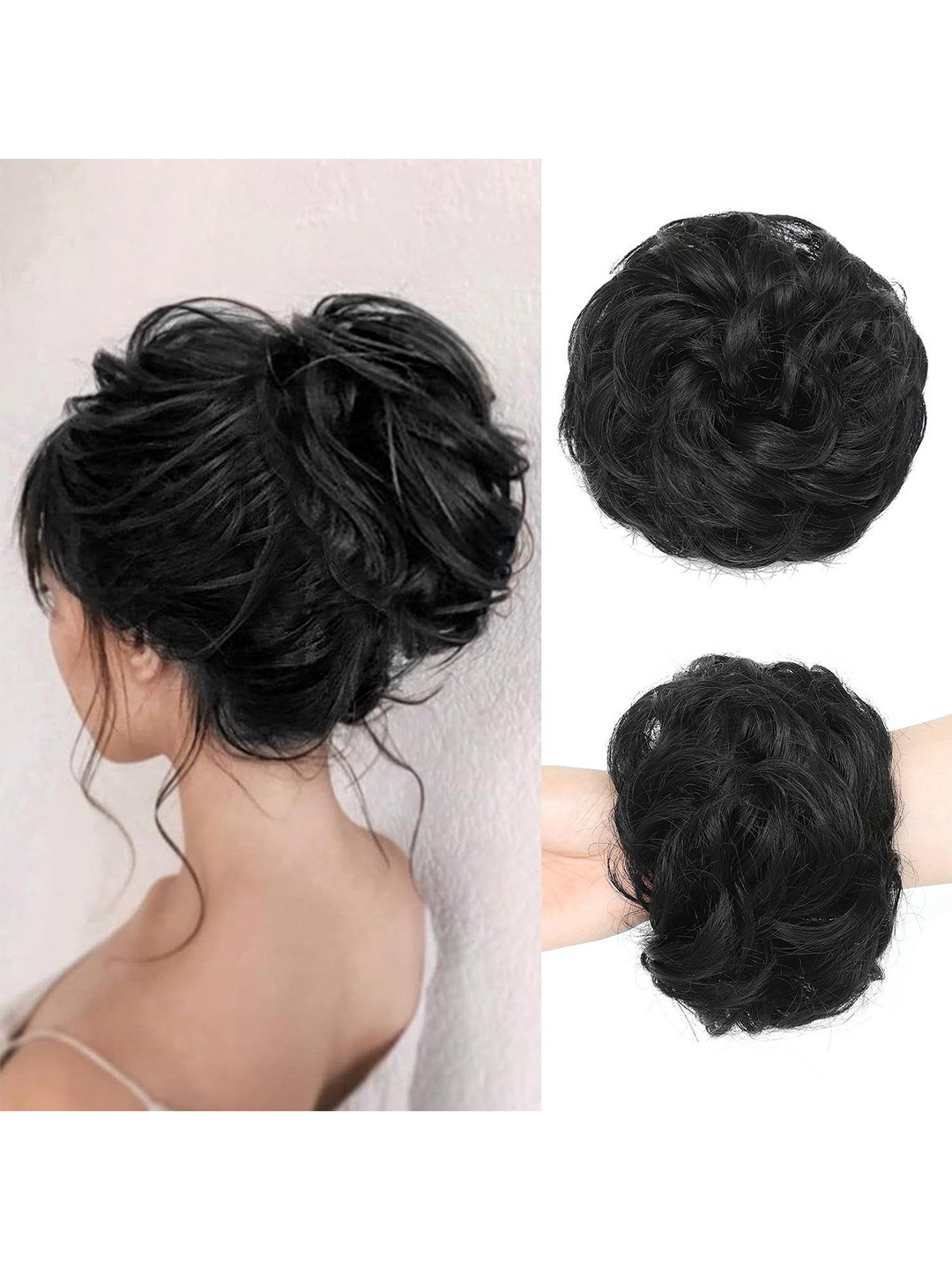 RITZKART Black Wavy Curly Elastic Rubber Band Messy Hair Bun