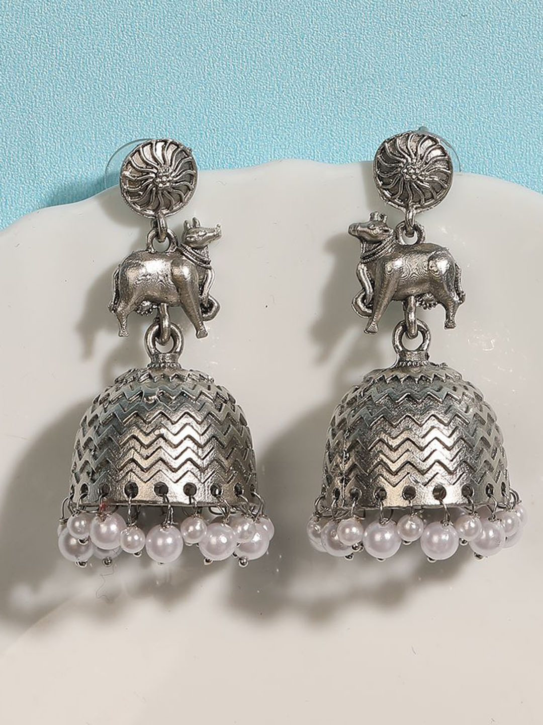 Anouk Silver-Plates Artificial Beaded Dome Shaped Drop Earrings