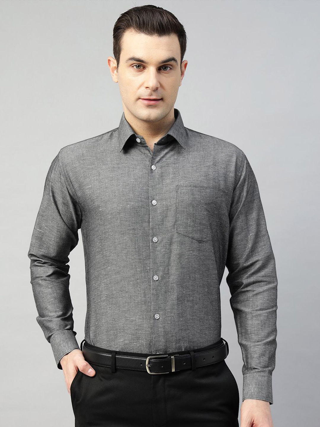 Hancock Men New Slim Fit Spread Collar Solid Linen Formal Shirt