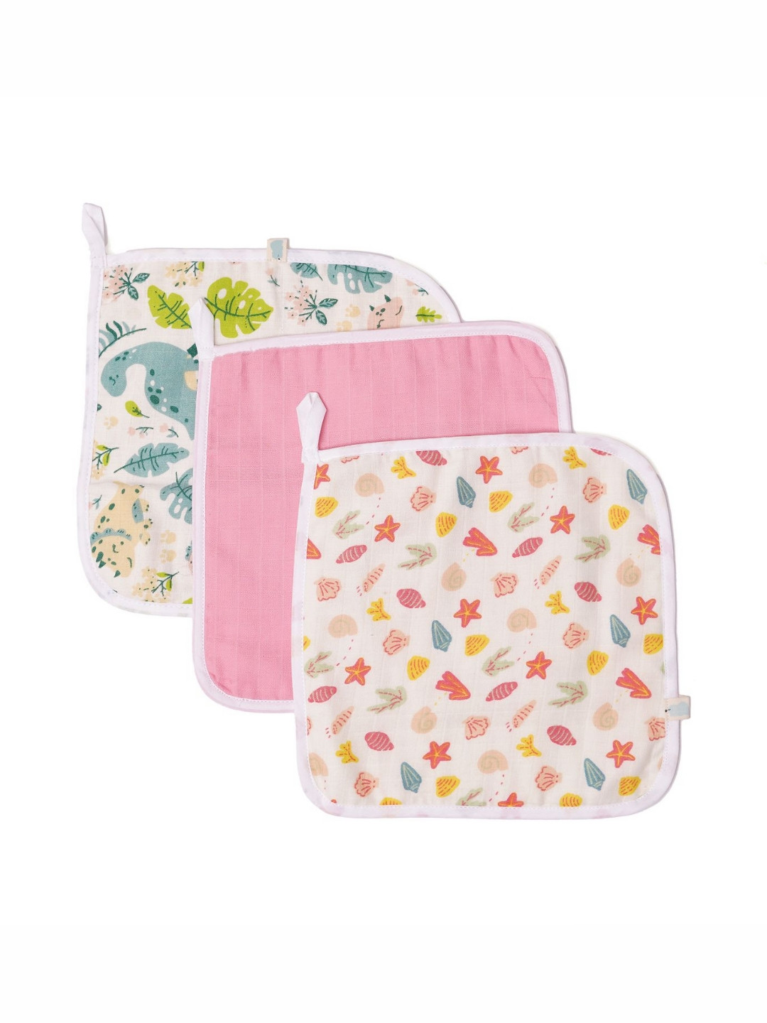TIDY SLEEP Kids White & Pink 3 Pieces Printed Cotton Muslin 150 GSM Face Towels