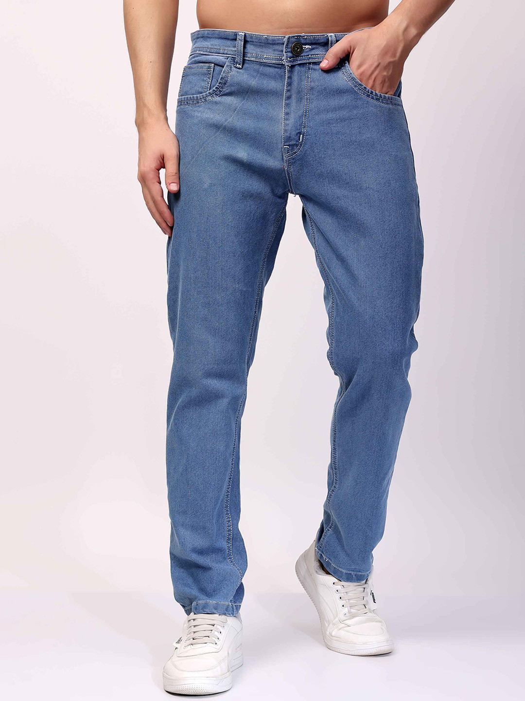 EDITLOOK Men Smart Crinkle Mid Rise Light Blue Cotton Jeans