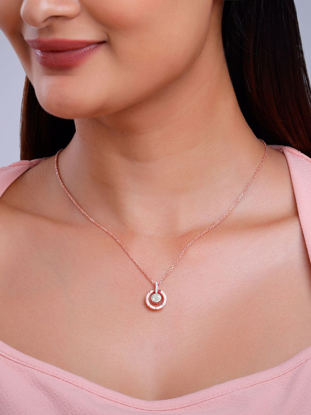 GIVA 925 Sterling Silver Rose Gold-Plated Stone Studded Sparkling Circle Pendant & Chain