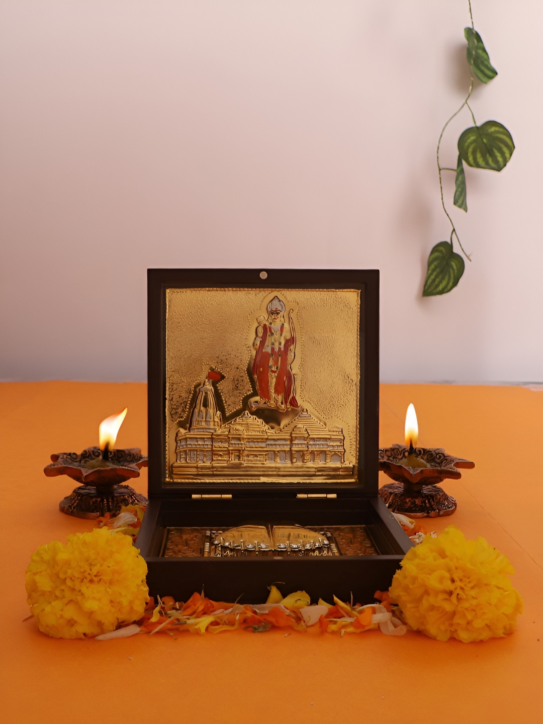 INTERNATIONAL GIFT Shree Ram with Charan Paduka Gold Metal Metallic Prayer Room Portable Medium Showpiece - 4.5 Inches