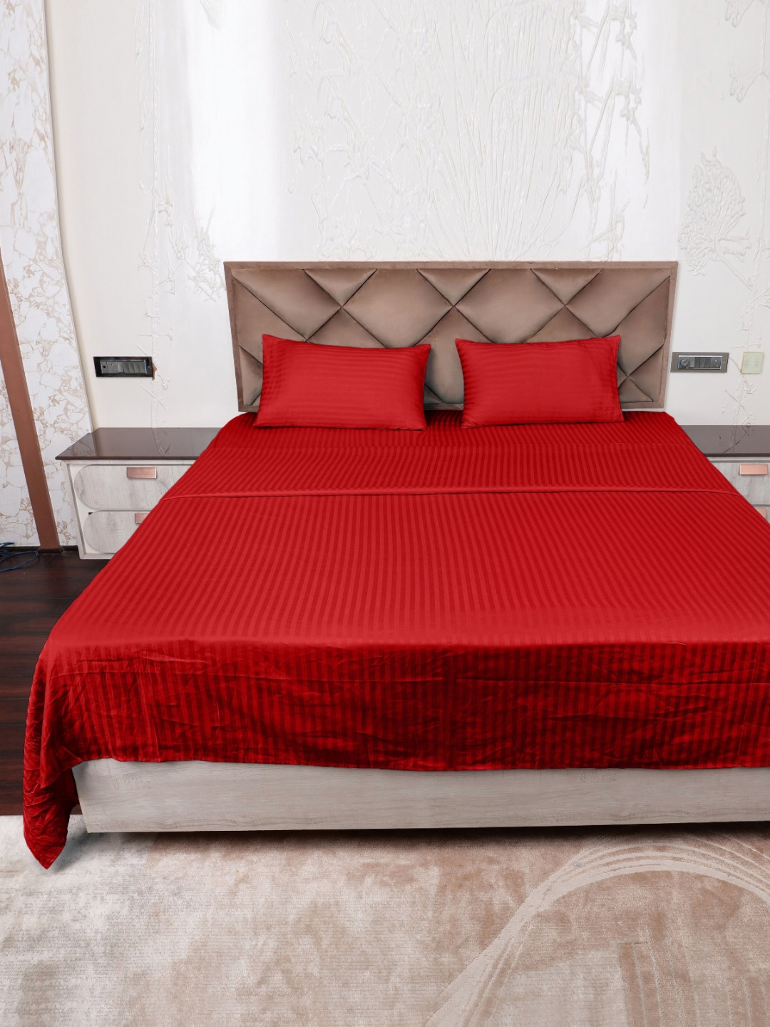 AJISH Red Striped Pure Cotton Light Weight 300 TC King Fine Bedsheet with 2 Pillow Covers-108 x 108 inches