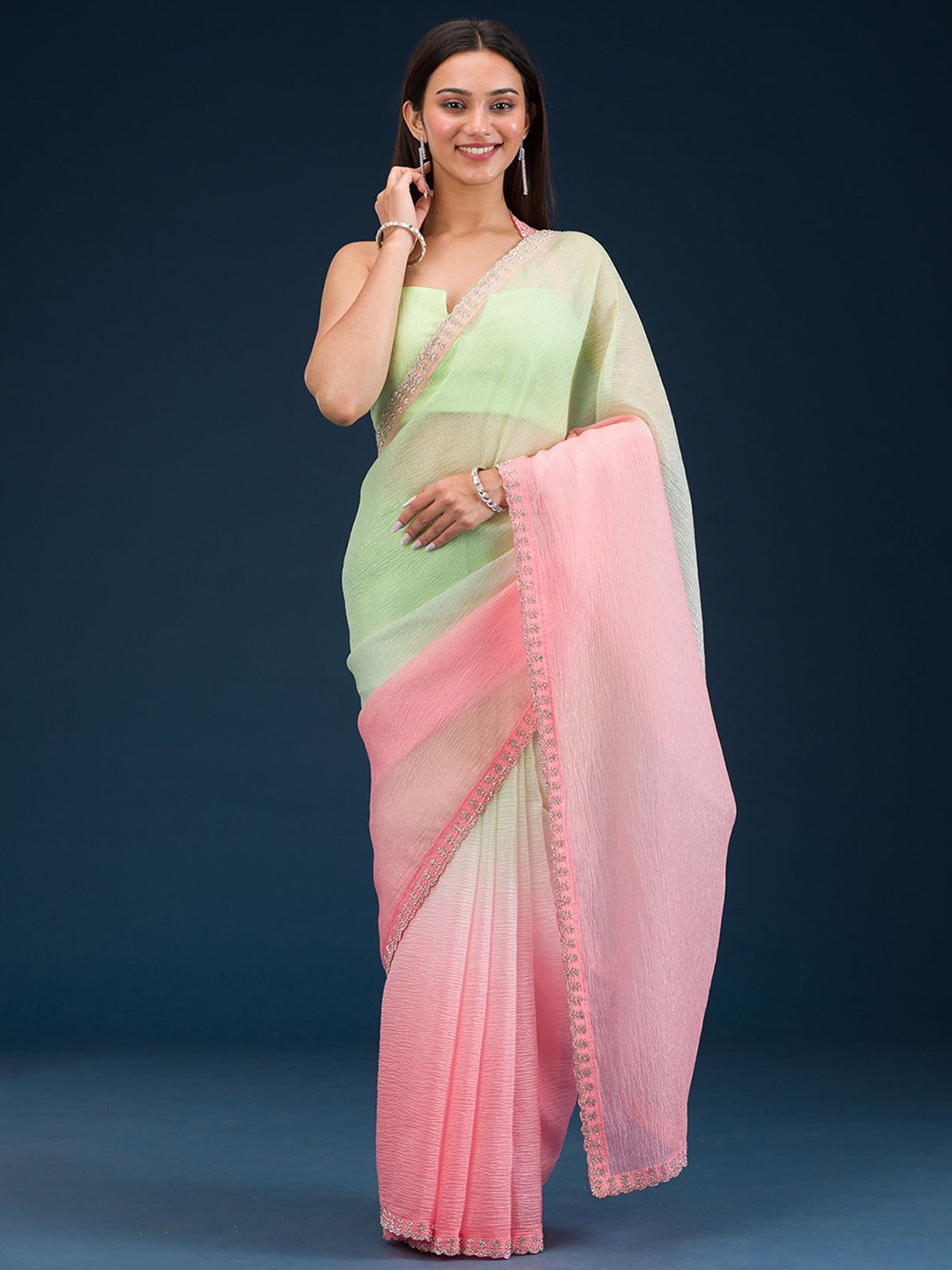 Koskii Pista Green Stonework Tissue Saree