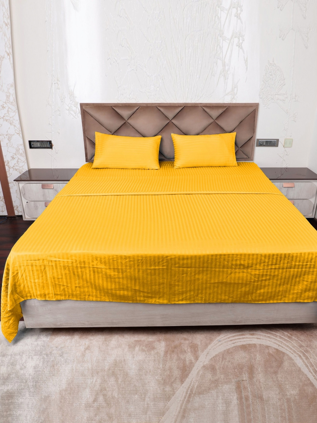 AJISH Live Beautiful Mustard Striped Cotton Breathable 300 TC King Fine Bedsheet with 2 Pillow Covers-108 x 108 inches