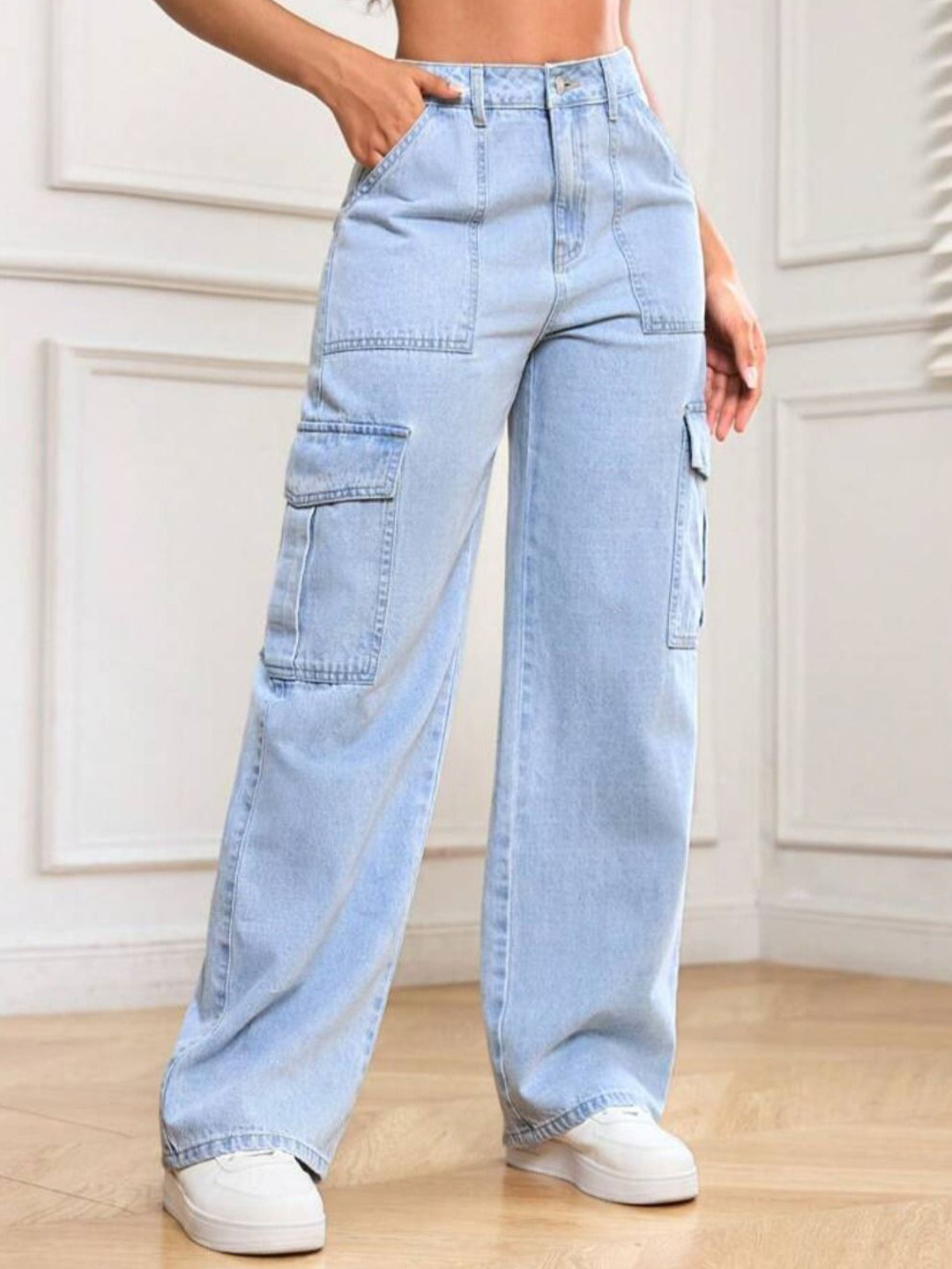 Zizvo Women Pure Cotton High-Rise Wide-Leg Cargo Styles Jeans