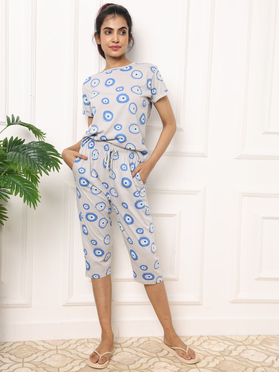 LABEL MY Women Evil Eye Printed Pure Cotton Tshirt & Capris Night suit