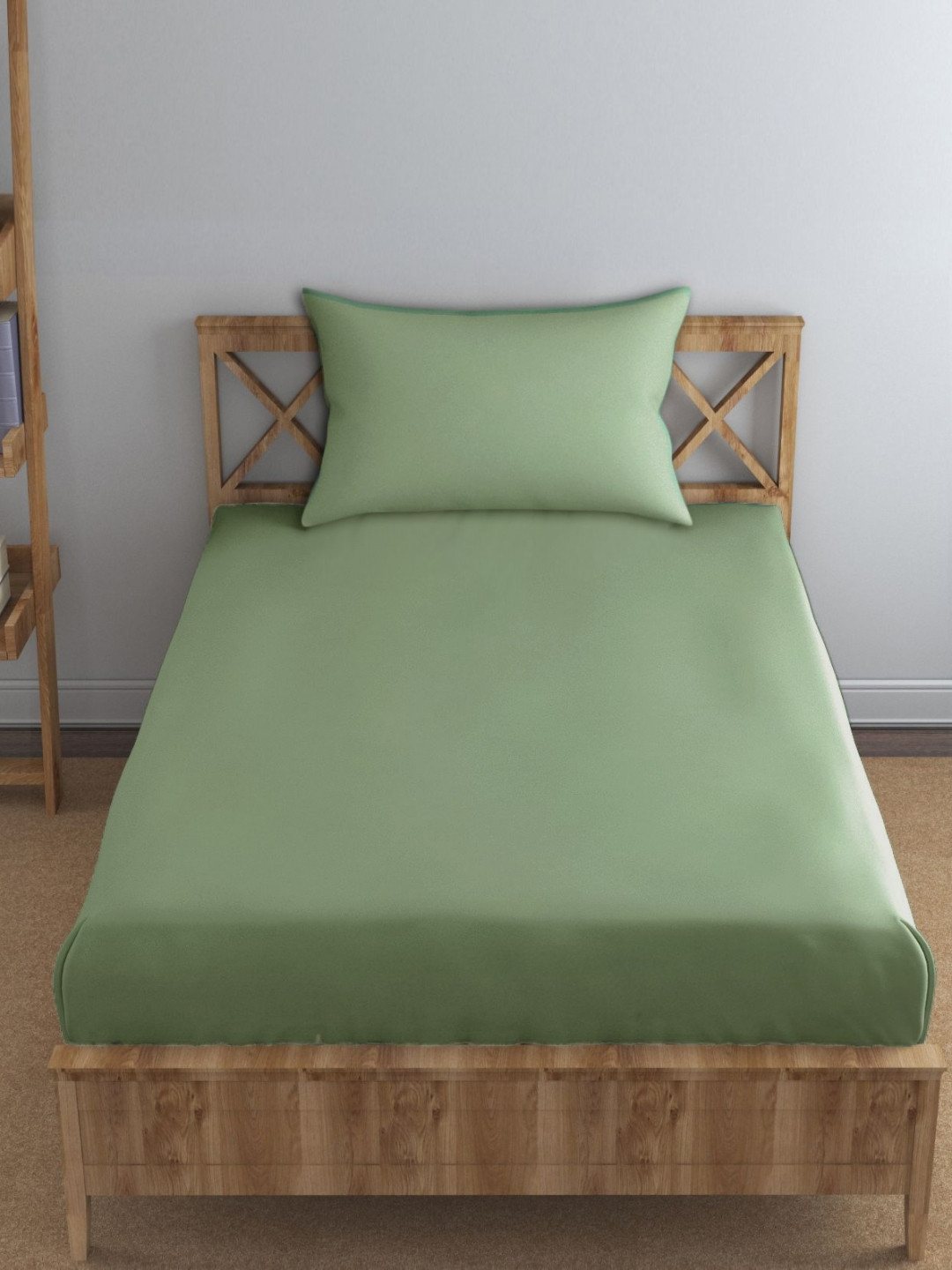 Trance Home Linen Tussah Collection Green Solid Cotton 300 TC Single Fine Bedsheet with a Pillow Cover-137 x 228 cm