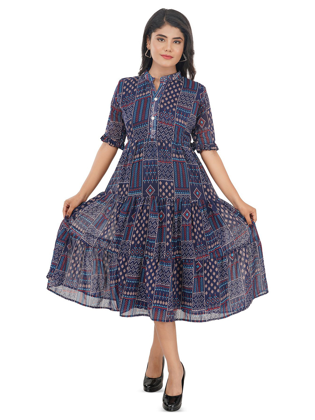 Edla Women Ethnic Motifs Print A-Line Midi Dress