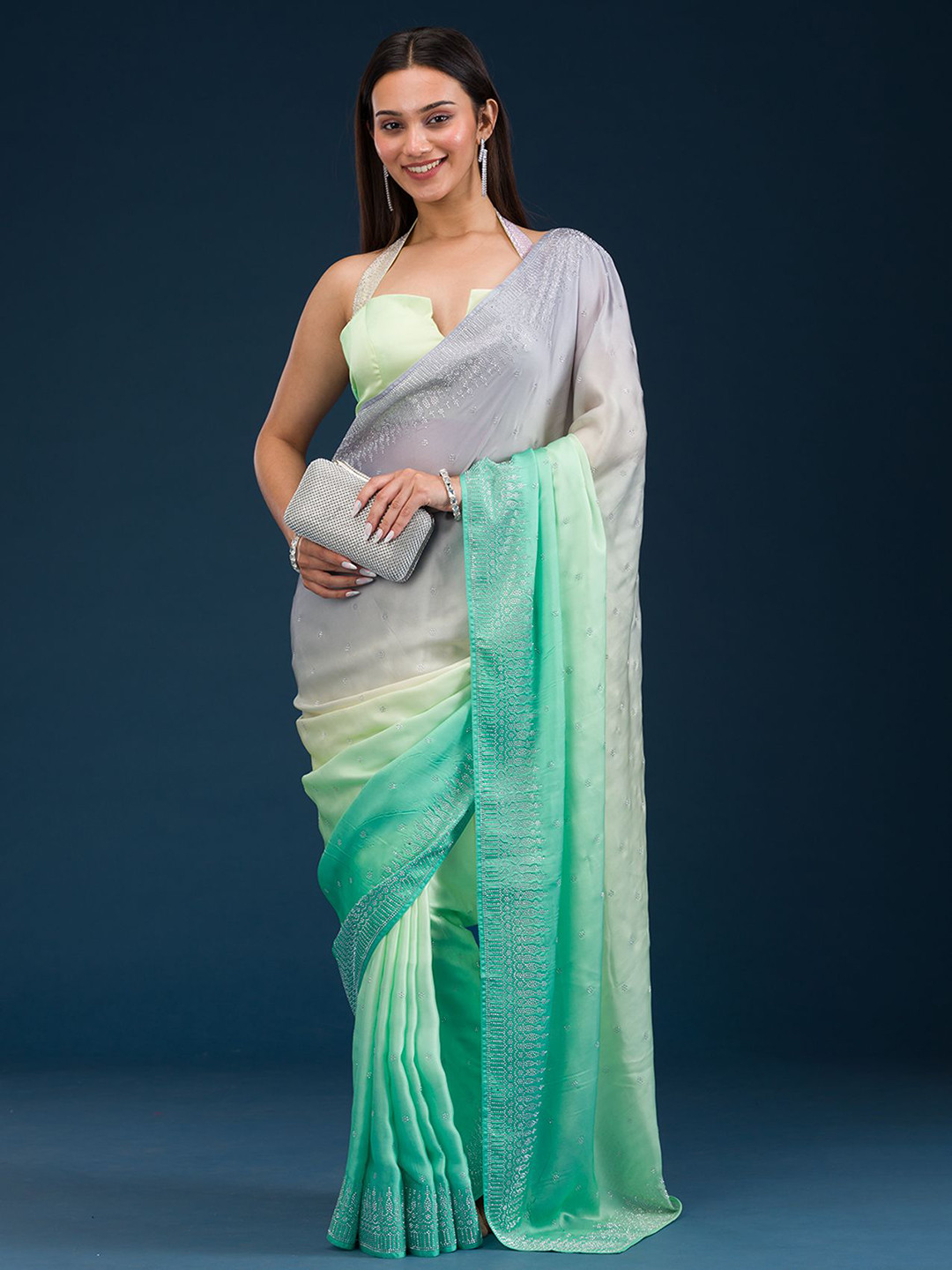 Koskii Embellished Grey Stonework Satin Saree