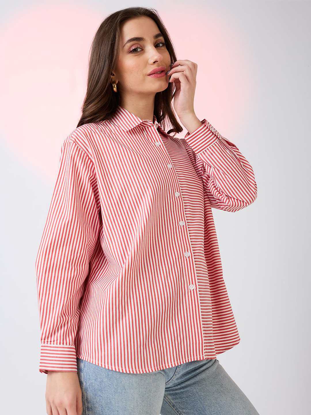 Globus Women Red Collared Neck Cuffed Sleeves Striped Oversized Shirt Style Work Wear Top