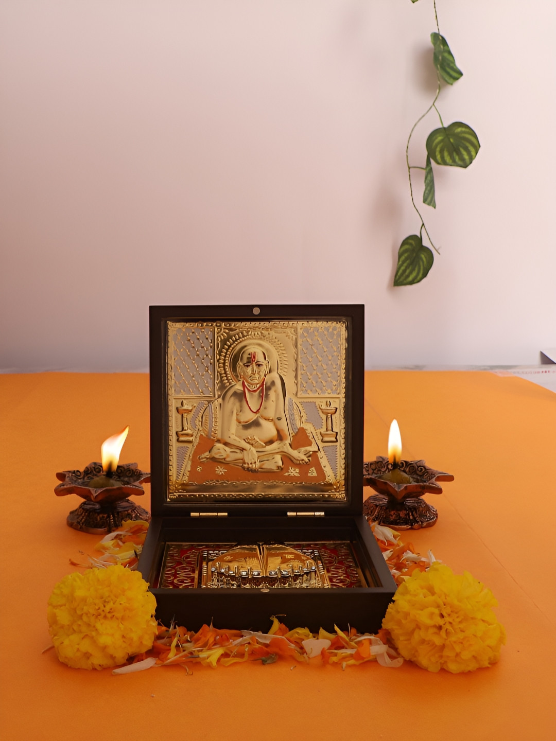 INTERNATIONAL GIFT Karoli Baba Charan Paduka Box Gold Metal Metallic Prayer Room Medium Showpiece - 1.8 Inches