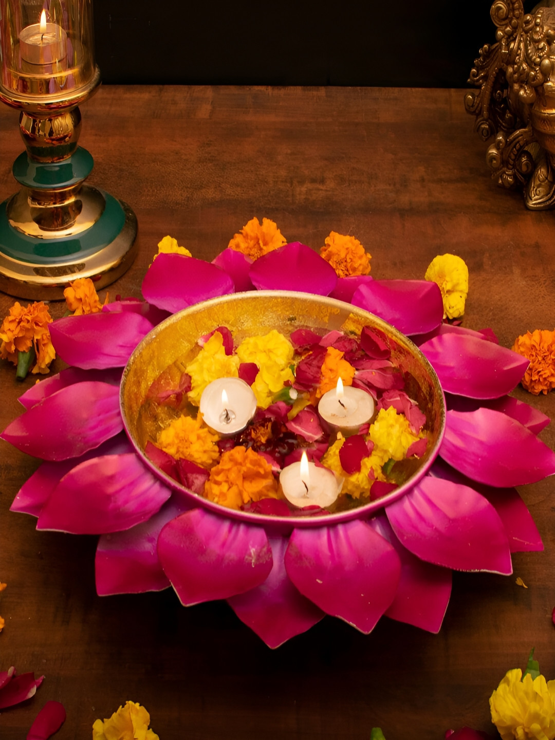 Craftlayout Pink & Gold-Toned Metal Diwali Decorative Urli Bowl