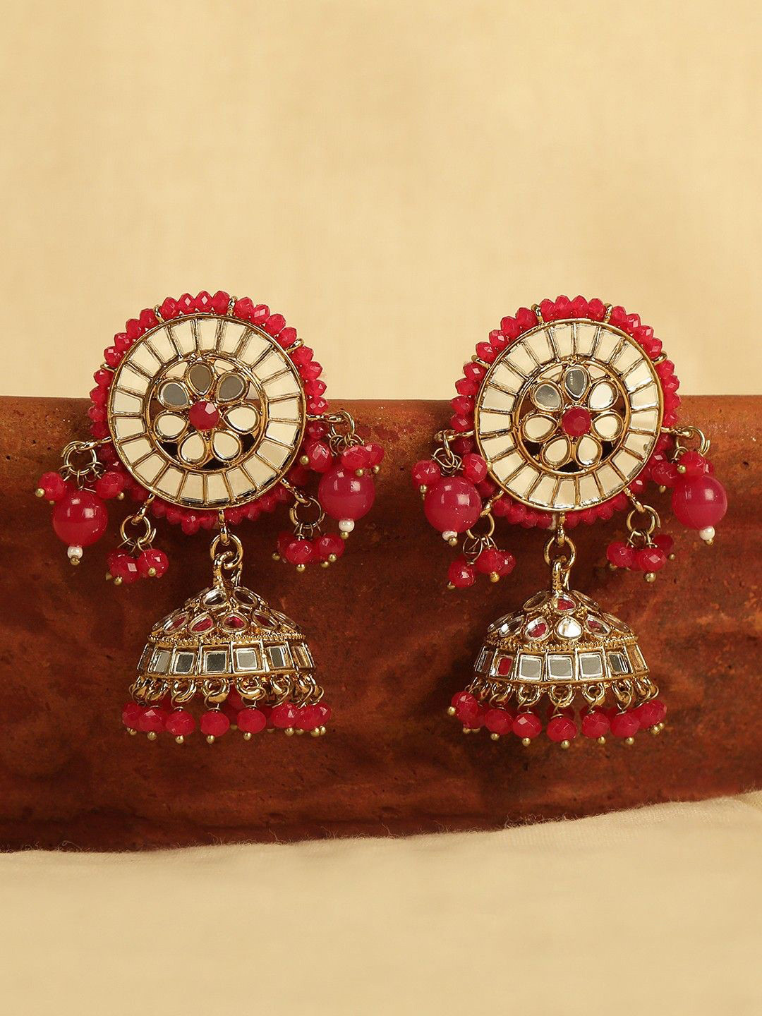 Anouk Gold-Plated And Pink Artificial Stones Studded And Beaded Dome Shaped Jhumkas