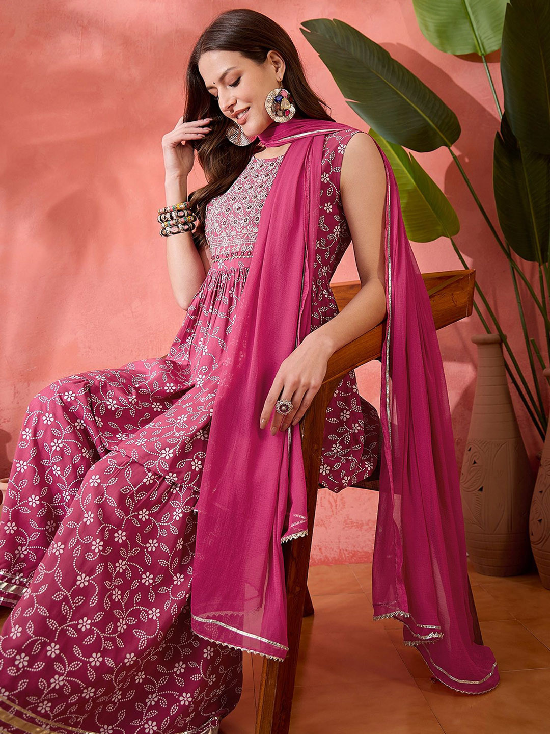Sangria Pink Floral Embroidered Sleeveless Anarkali Kurti With Sharara And Dupatta