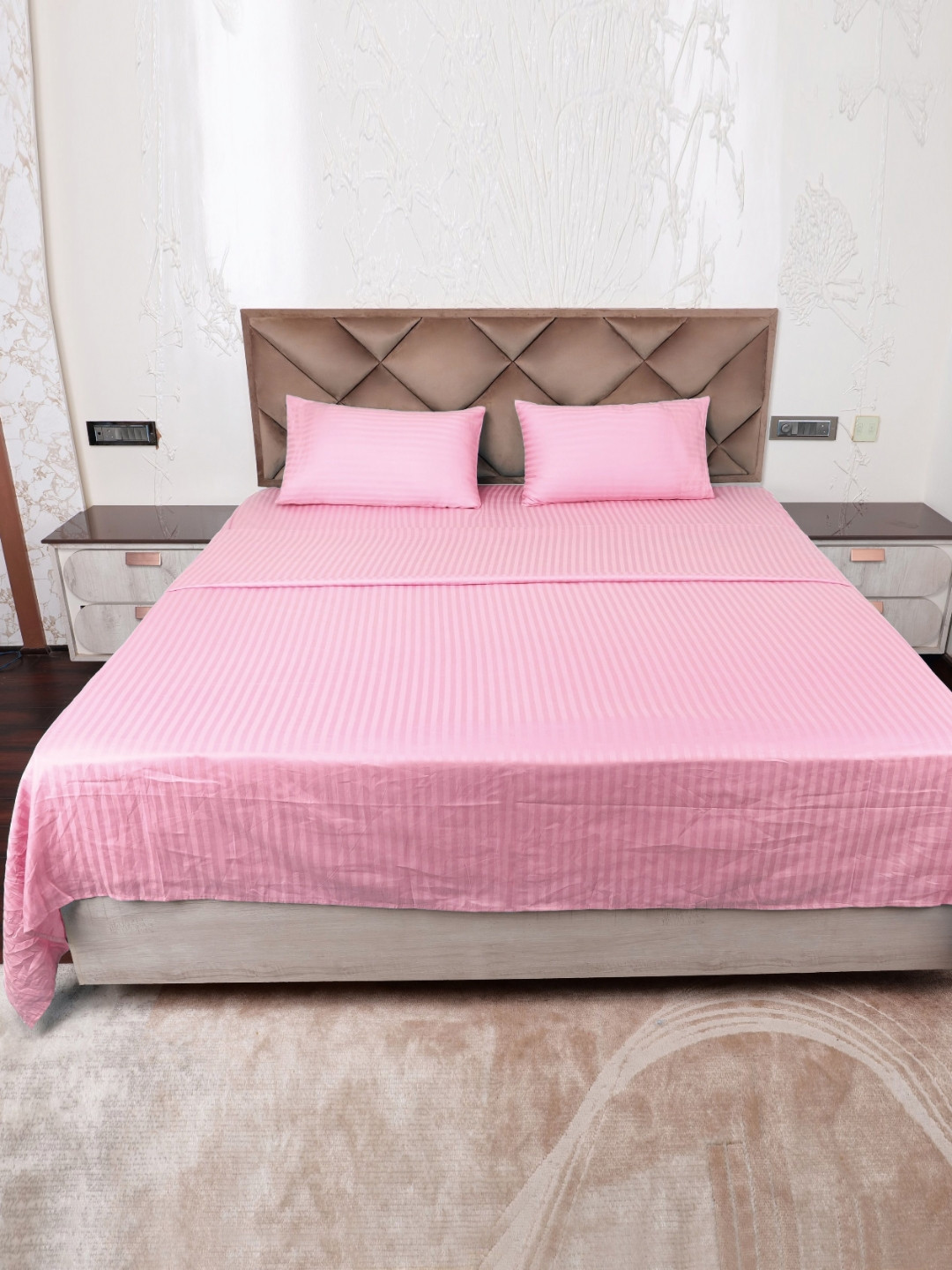 AJISH Pink Striped Cotton 300 TC King Bedsheet with 2 Pillow Covers-100 x 108 inches