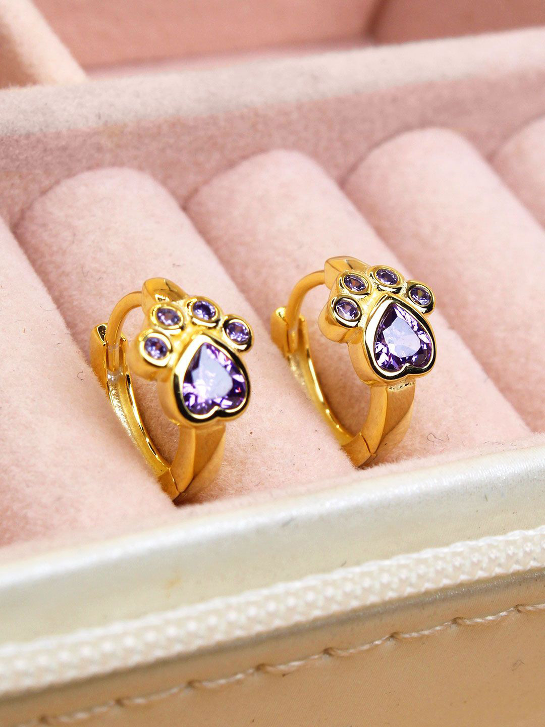 DEVASHREE 925 Sterling Silver Cubic Zirconia Studded Dog Paw Shaped Hoop Earrings