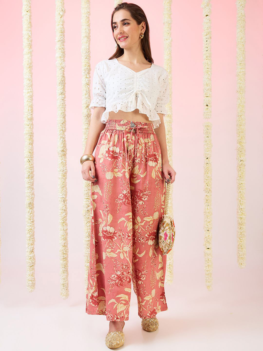 Globus Floral Print Mid-Rise Elasticated Waist Wide Leg Fusion Palazzos