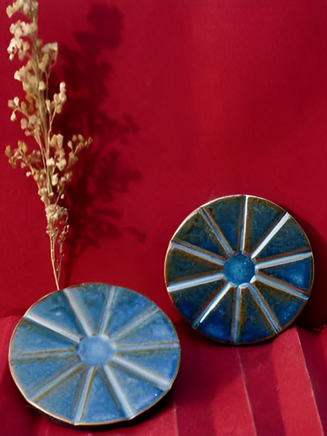 Rare Planet Blue & Brown 2 Pieces Textured Flower Ceramic Coaster