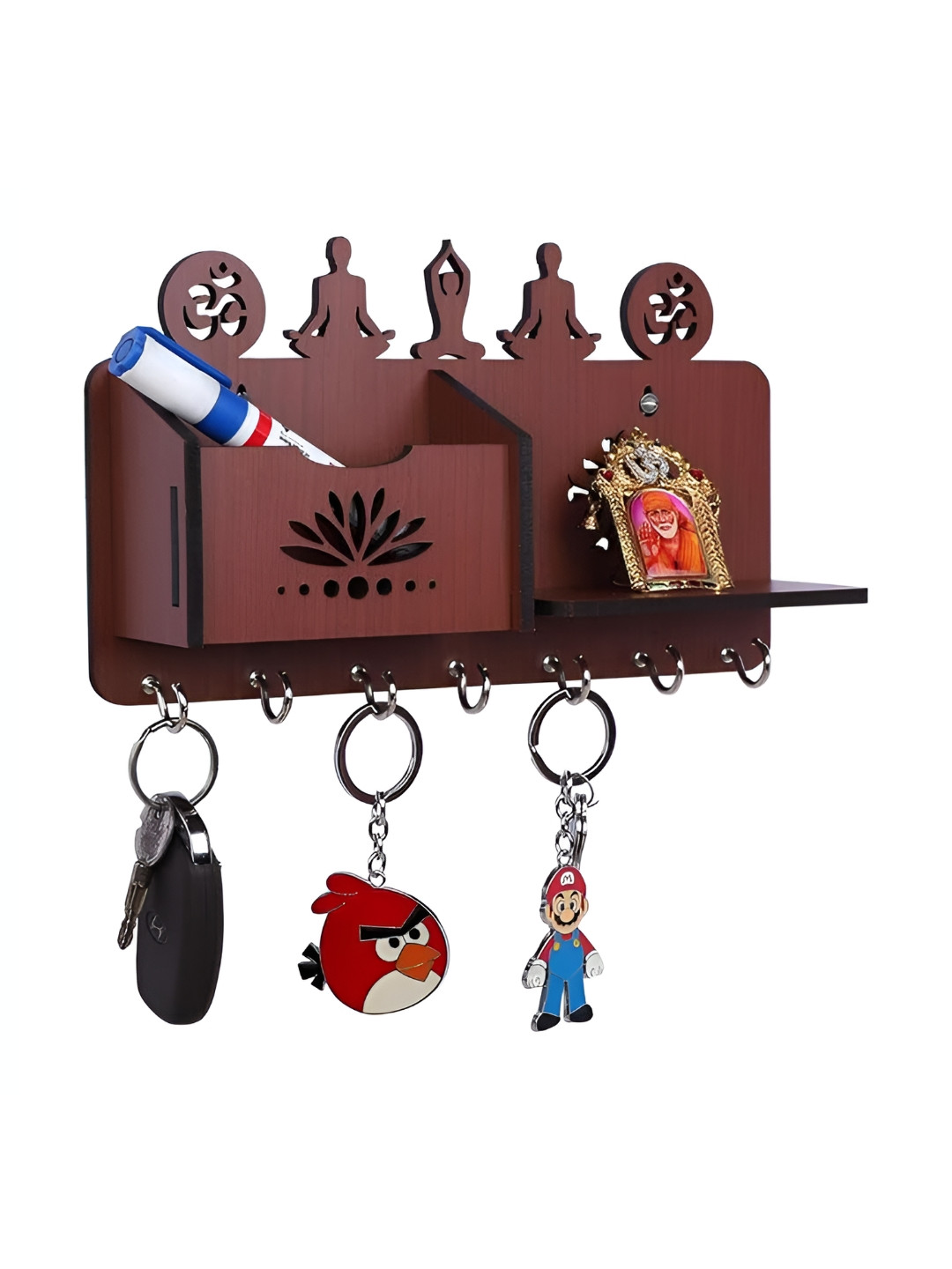 SEHAZ ARTWORKS Brown & Silver-Toned Yoga Asanas 7 Hooks Wooden Key Holder