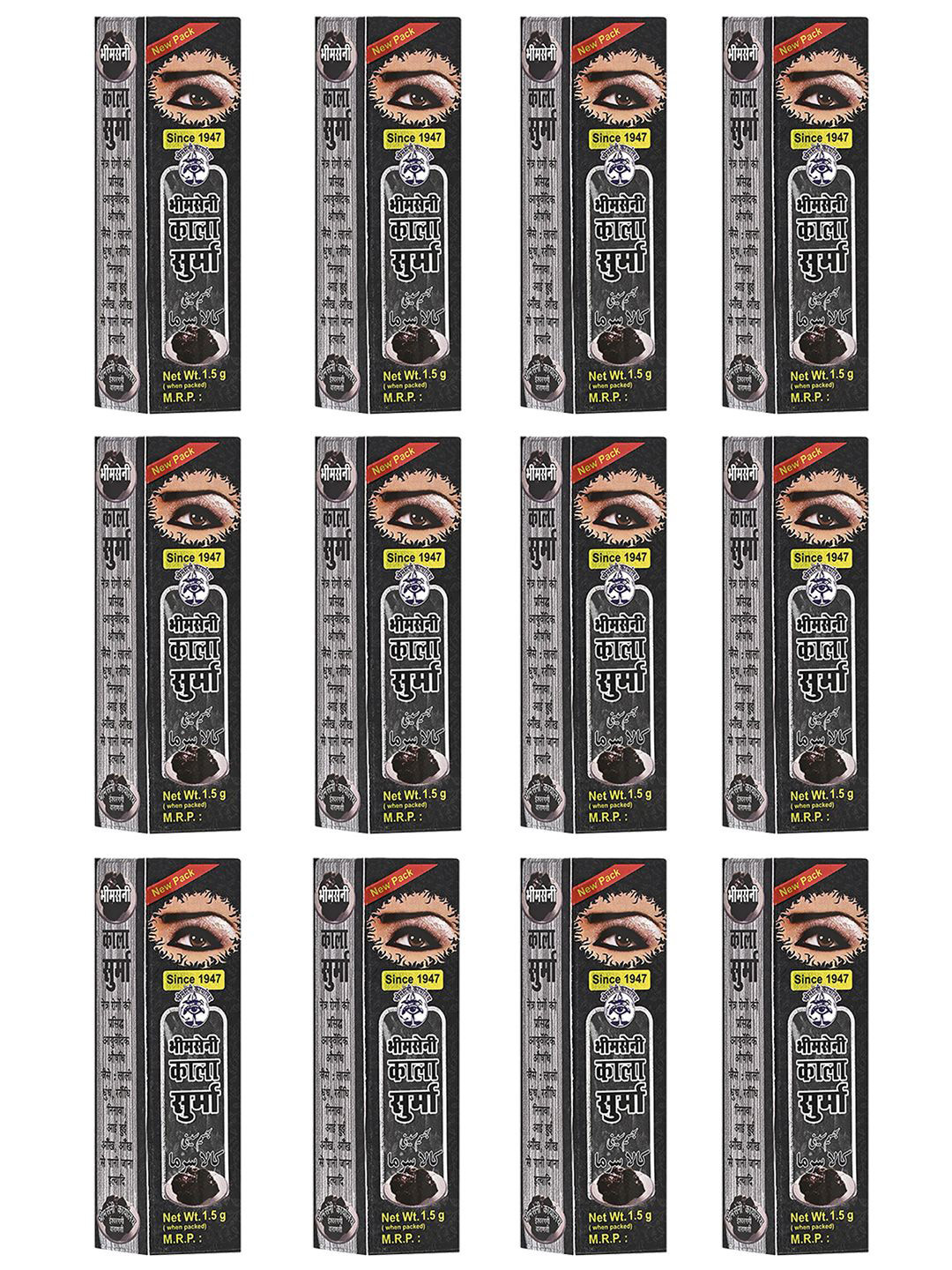 Bhimseni Karyalay Set Of 12 Black Smudge Proof Surma With Triphala Bhasm- 1.5 g Each