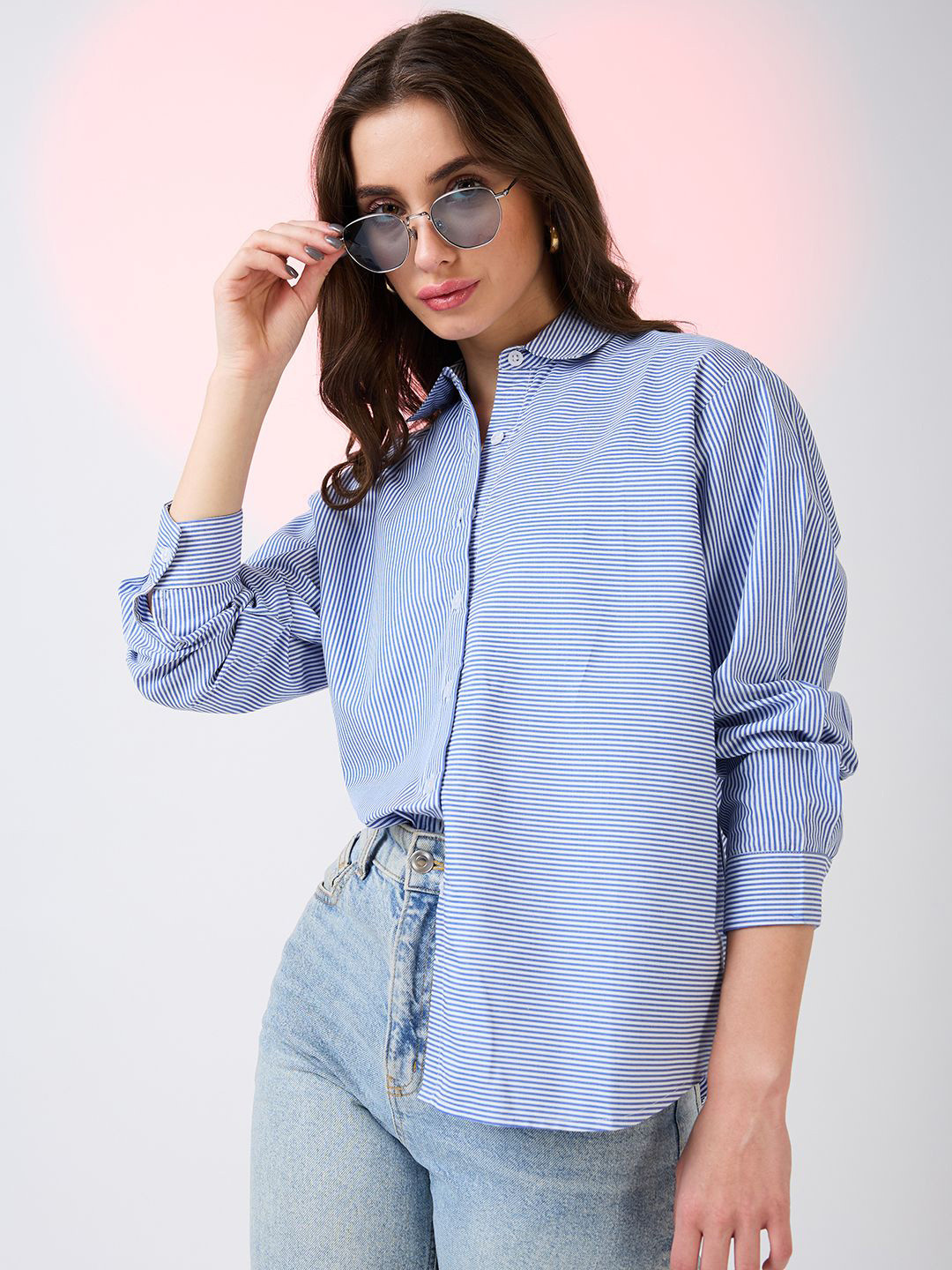 Globus Women Blue Collared Neck Cuffed Sleeves Striped Oversized Shirt Style Work Wear Top