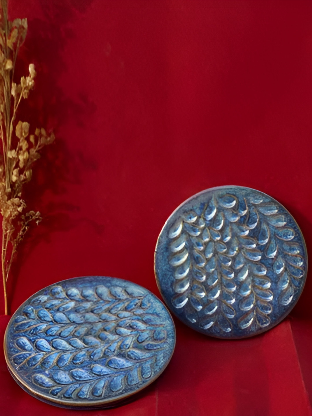 Rare Planet Blue 2 Pieces Textured Tree Shaped Ceramic Coaster