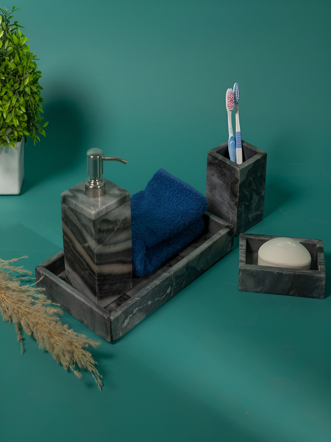 THREADVIBE LIVING Grey & Brown 4 Pieces Abstract Marble Bath Accessories