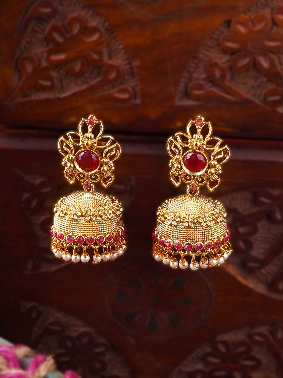 Anouk Pink 24K Gold-Plated Artificial Studded And Beaded Dome Shaped Jhumkas