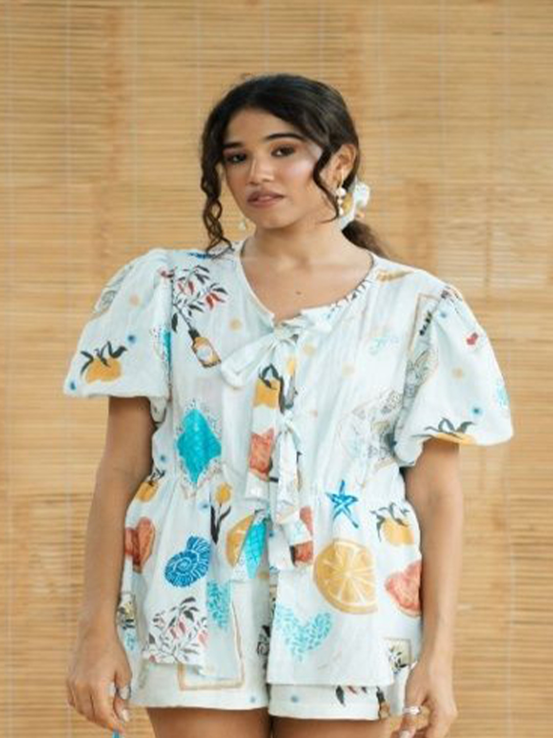 LABEL SUGAR Women Printed Puff Sleeve Linen Top