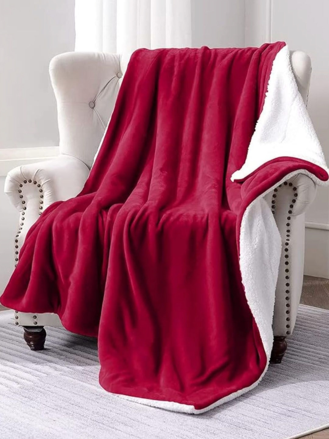 VAS COLLECTIONS Sherpa Red & White Heavy Winter Fur 500 GSM Double Bed Blanket