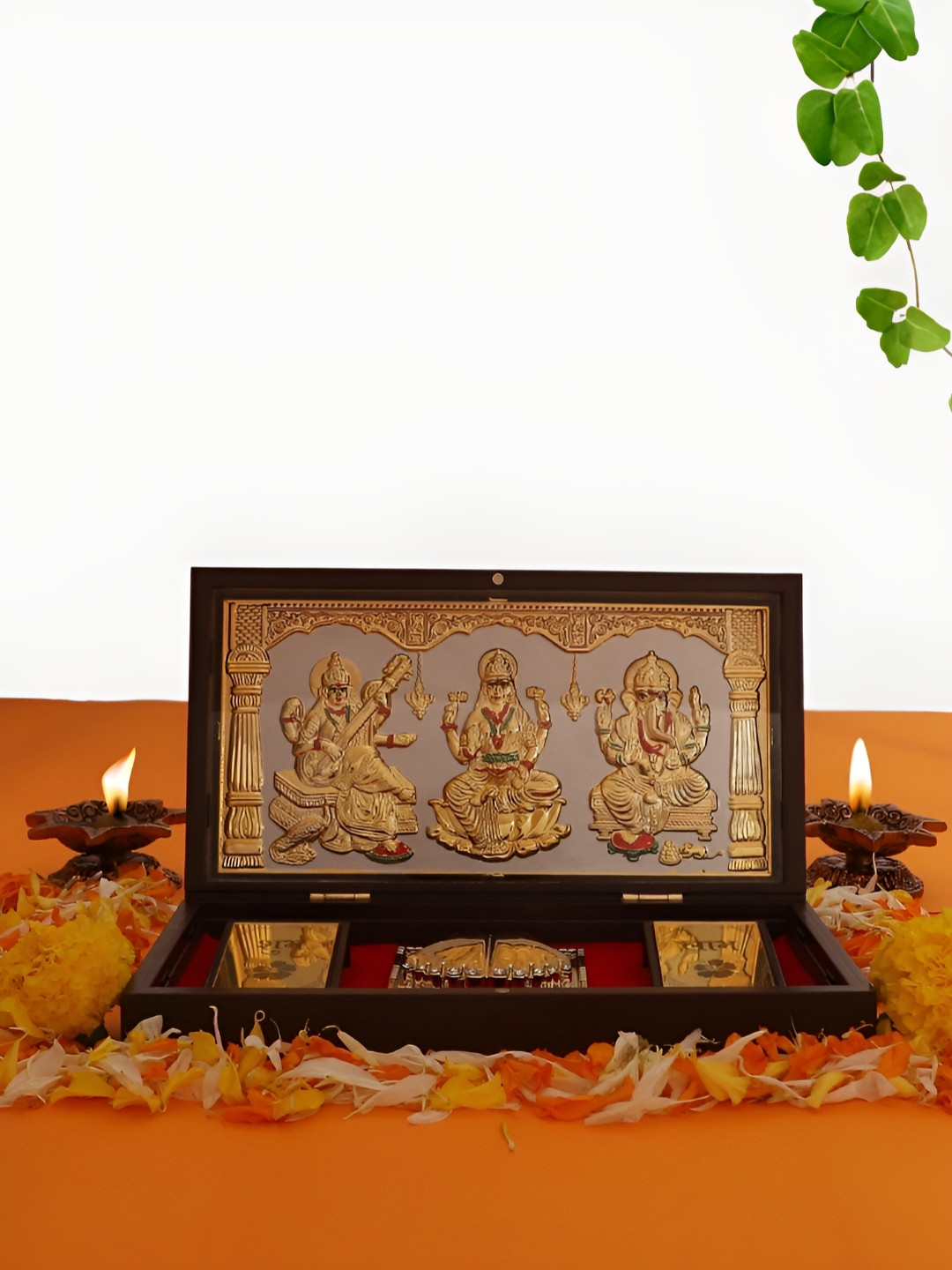 INTERNATIONAL GIFT Laxmi Ganesh Saraswati with Charan Paduka Gold Metal Metallic Prayer Room Portable Large Showpiece - 5 Inches
