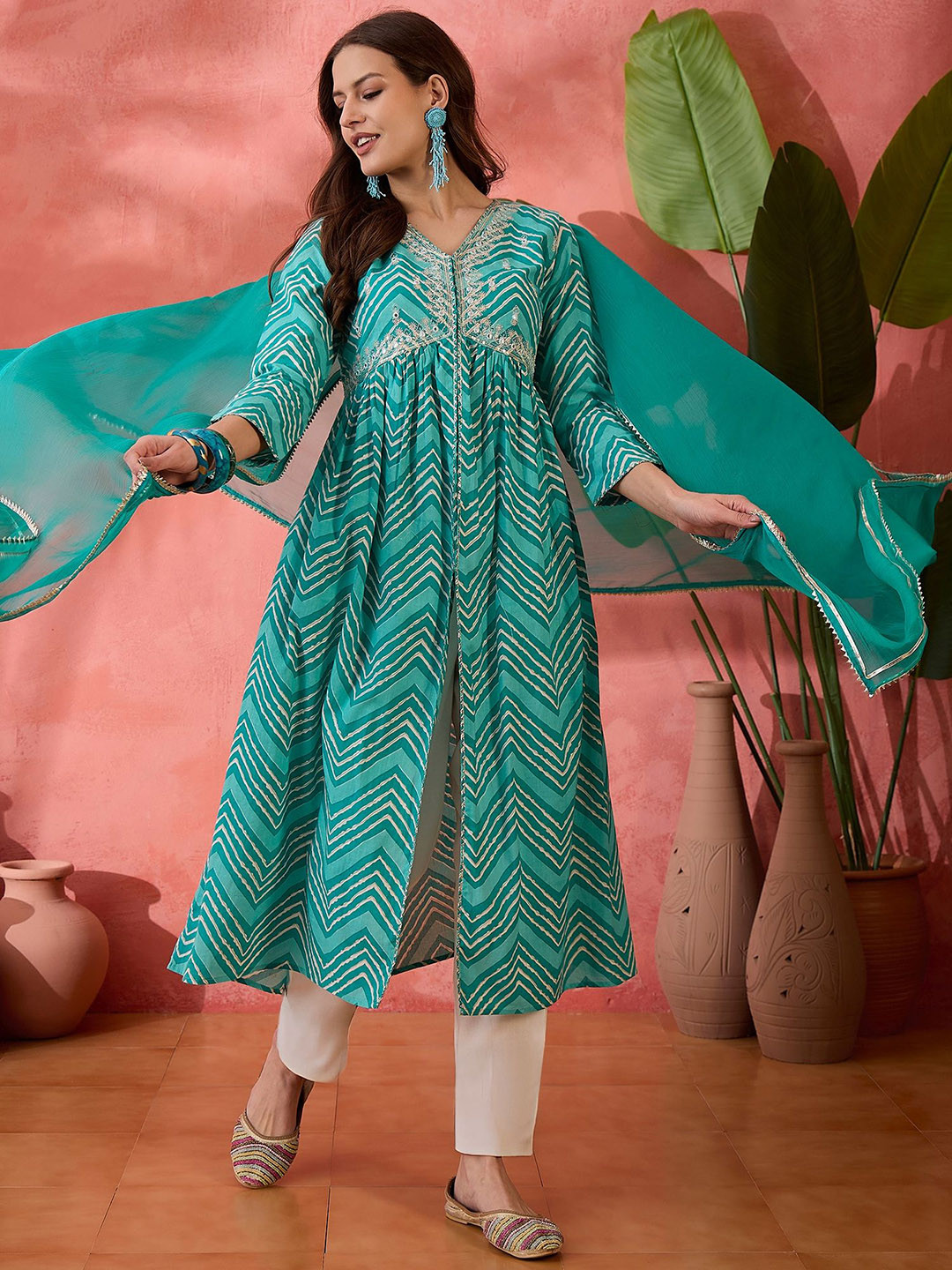 Sangria Turquoise Blue Chevron Printed Empire Pure Cotton Kurta With Trouser & Dupatta