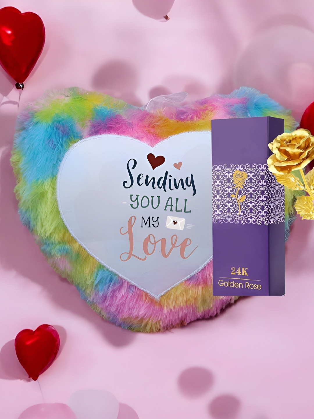 Anikmart White & Pink Printed Pre-Filled Heart Shaped Cushion With Golden Rose