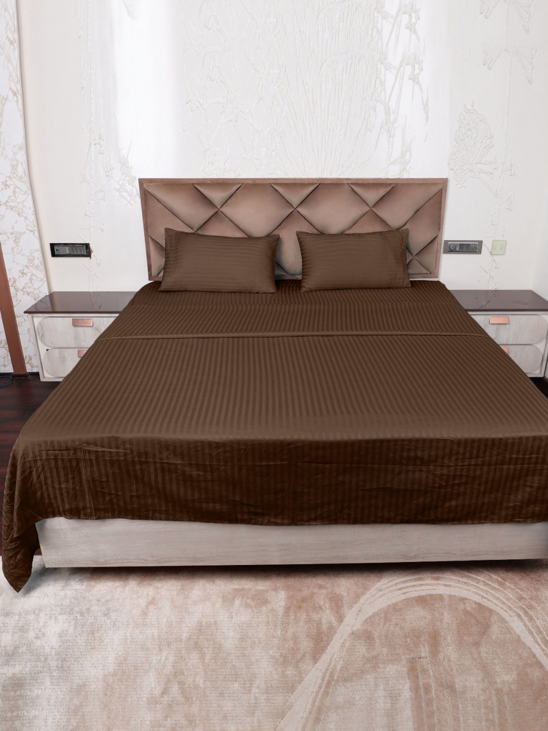 AJISH Brown Striped Pure Cotton 300 TC Double Fine Bedsheet with a Pillow Cover-54 x 90 inches