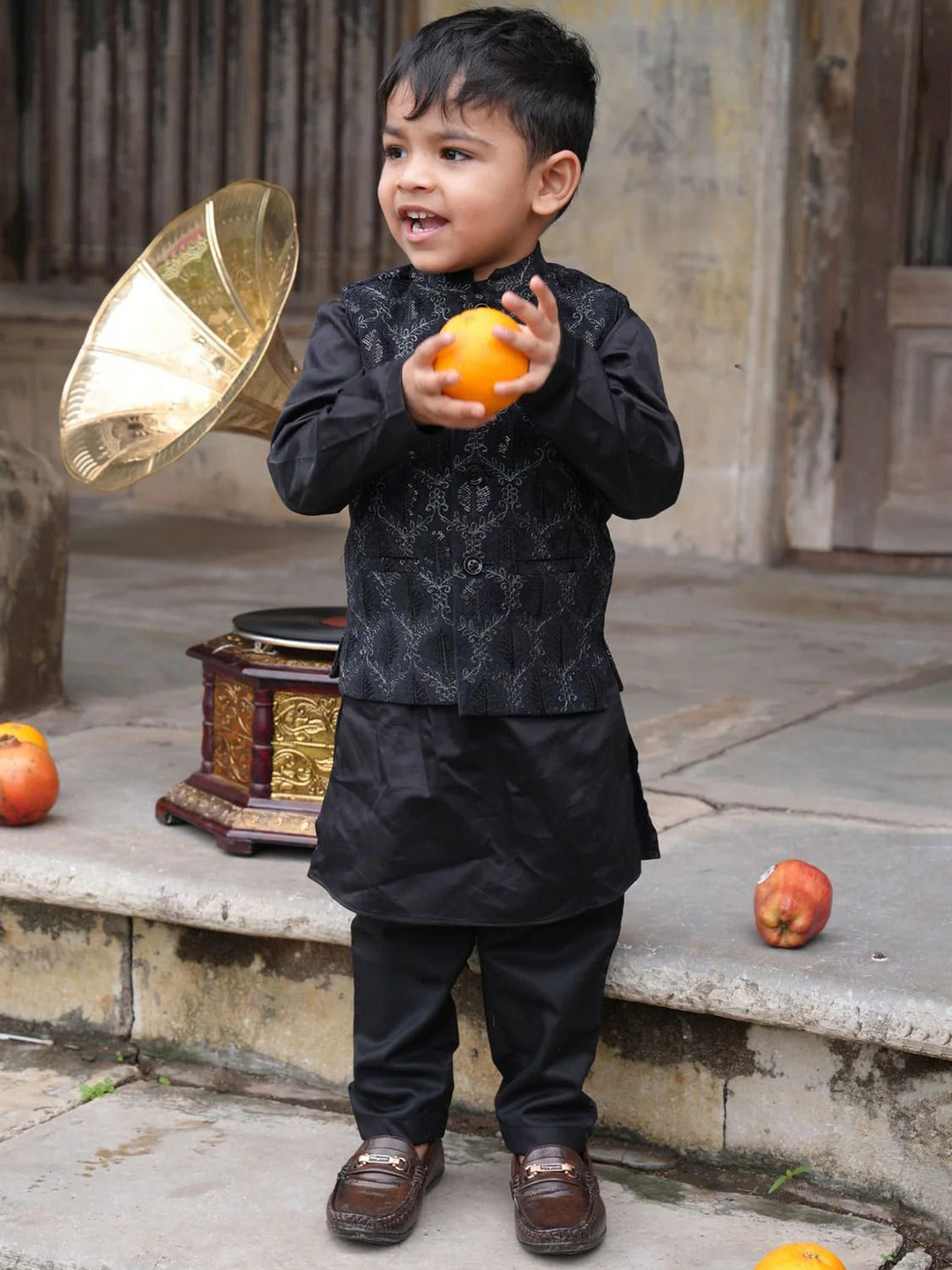 Funny Bones Clothings Boys Embroidered Mandarin Collar Kurta With Pyjama & Nehru jacket