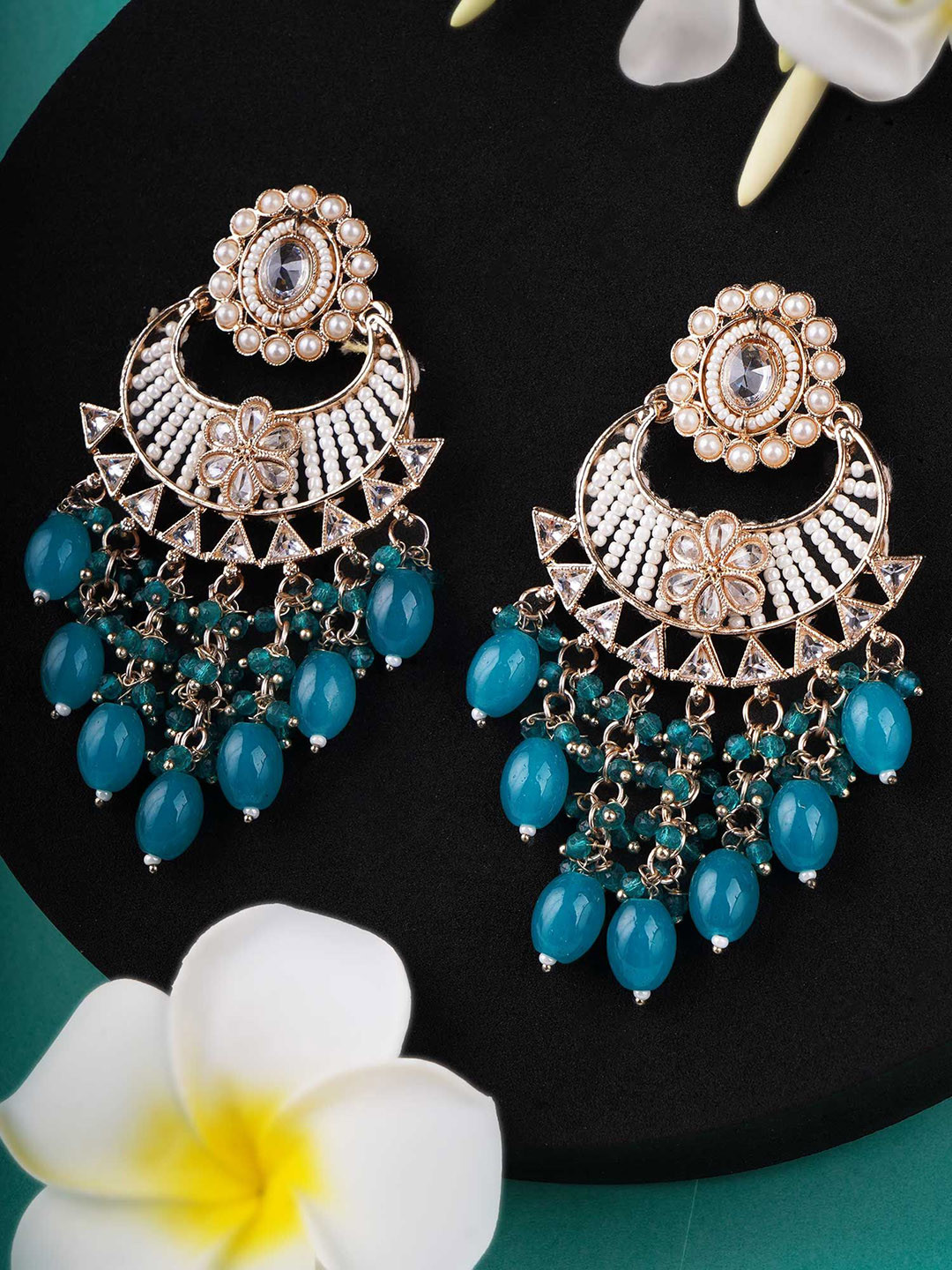 Anouk Gold-Plated Artificial Stones Studded And Beaded Classic Drop Earrings