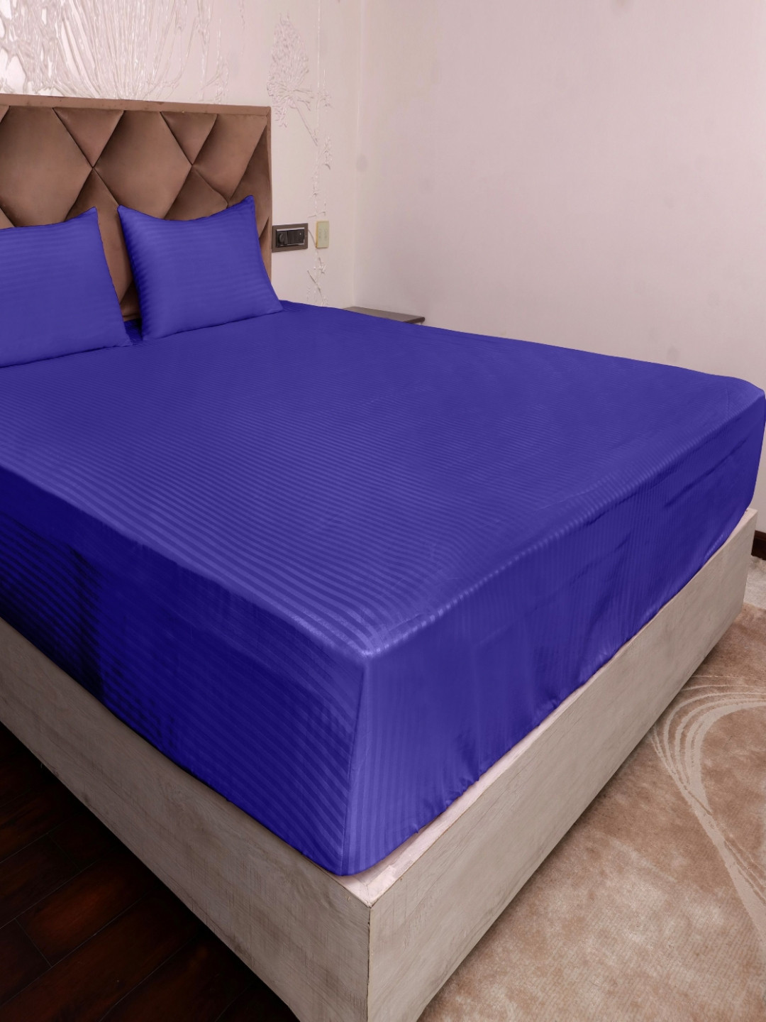 AJISH Maple Navy Blue Striped Cotton Breathable 300 TC Fitted Double Fine Bedsheet with a Pillow Cover-36 x 78 inches