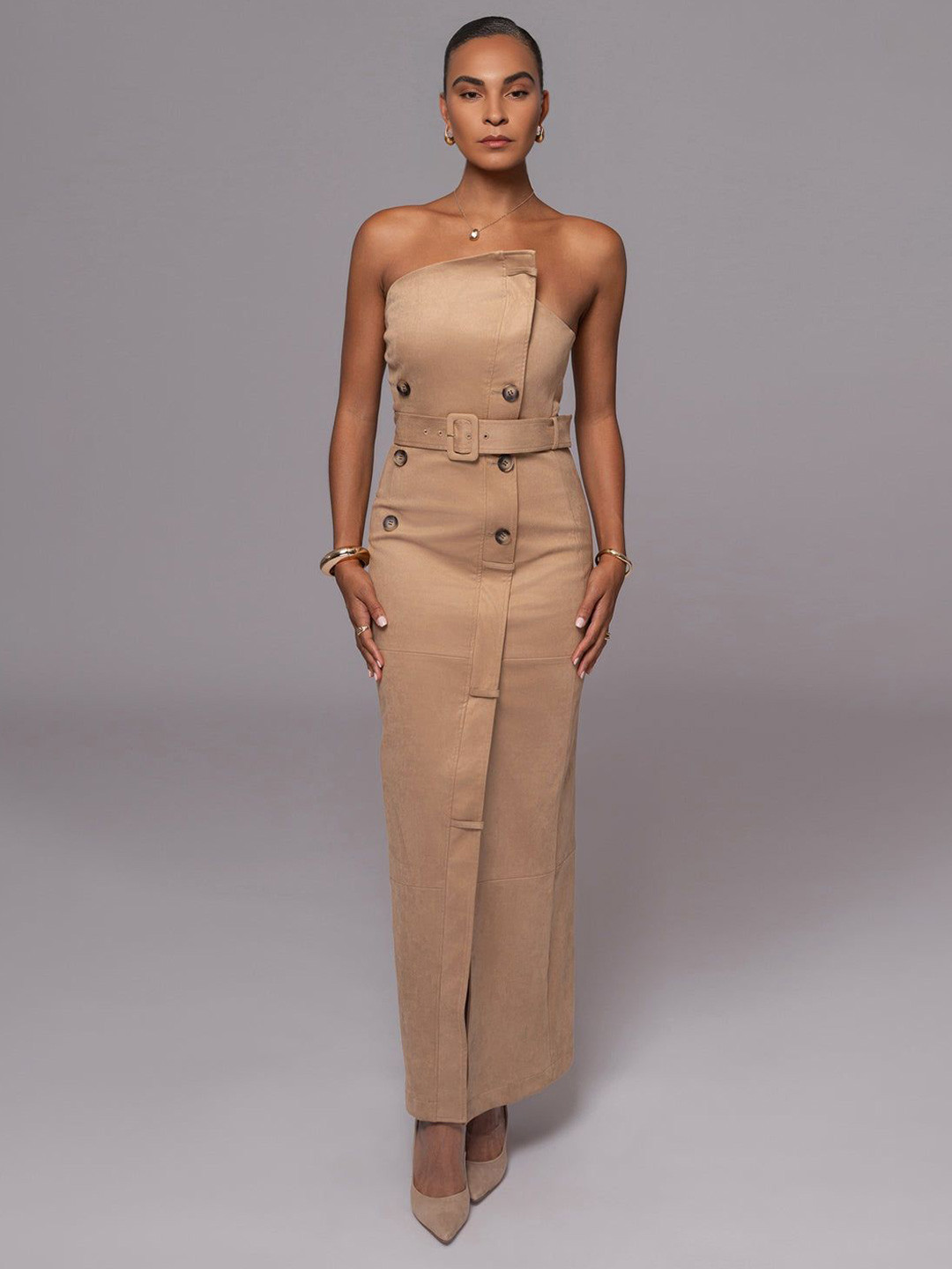 Bee Boe Women Bandeau Strapless Suede Belted Beige Maxi Dress