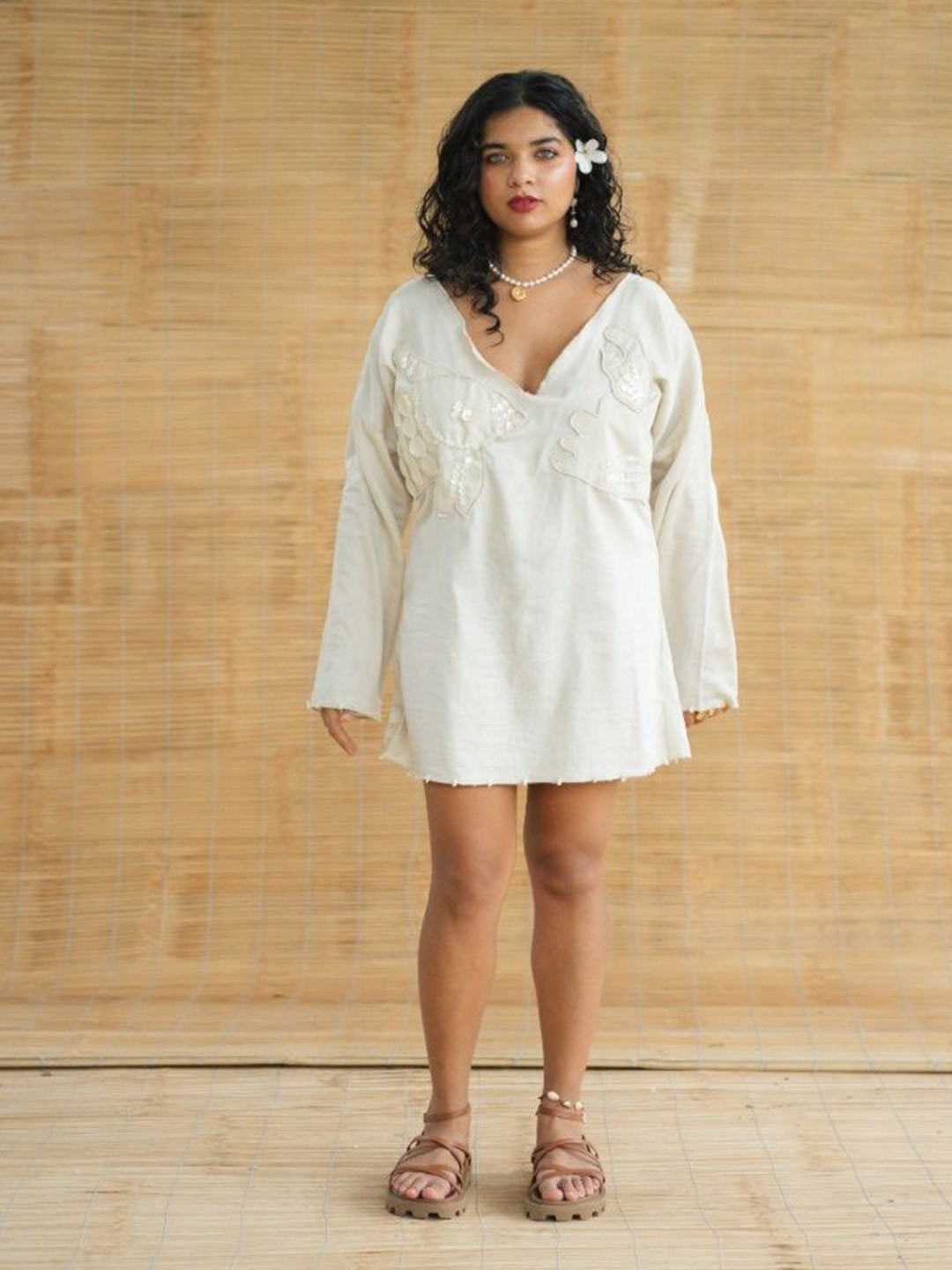 LABEL SUGAR Embroidered Flared Sleeve Satin A-Line Dress