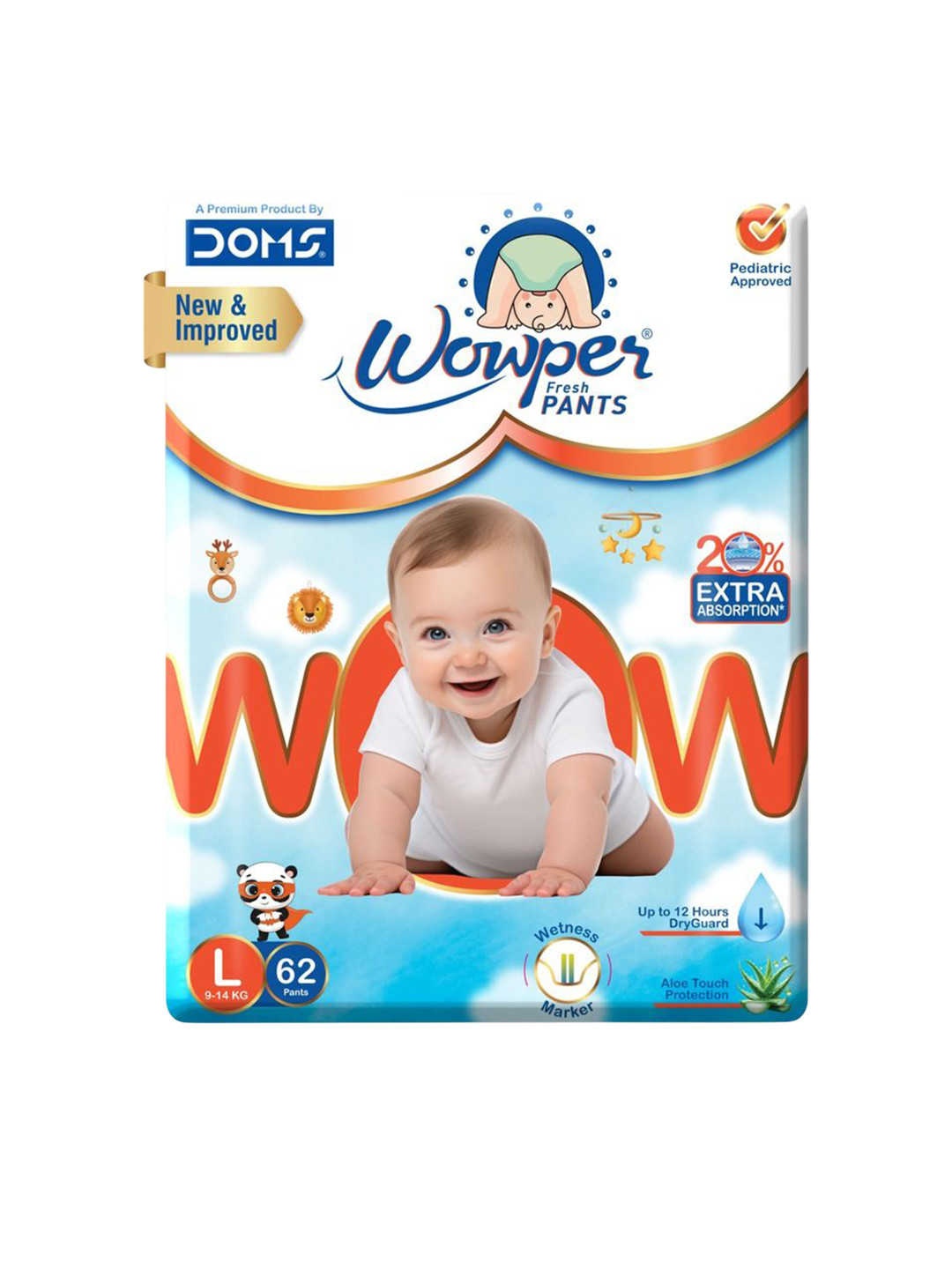 Wowper Baby 12Hrs Absorption Pant Style Diaper With 3D Diamond Cross Core - L- 62-Pcs